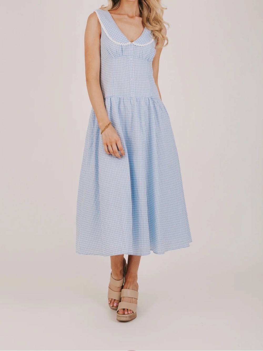 Sleeveless Light Blue Gingham Midi Dress with Peter Pan Collar